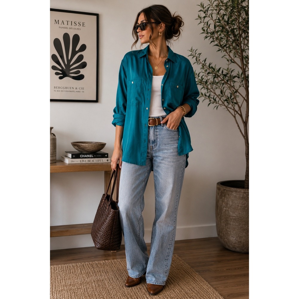First Issue American Design Teal 100% Silk Button Down Shirt XS Long Sleeve